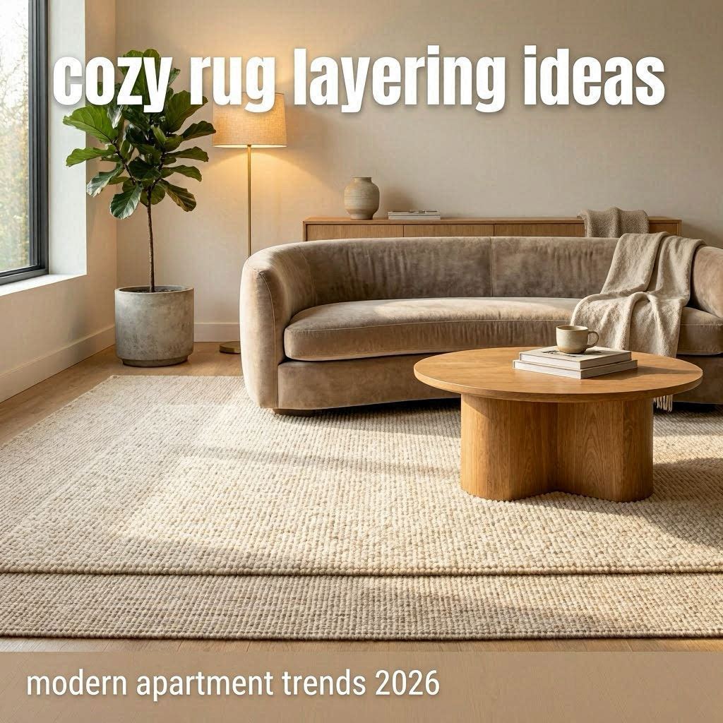 Modern cozy apartment living room with layered neutral rugs, warm lighting, soft boucle textures, and minimalist organic styling.