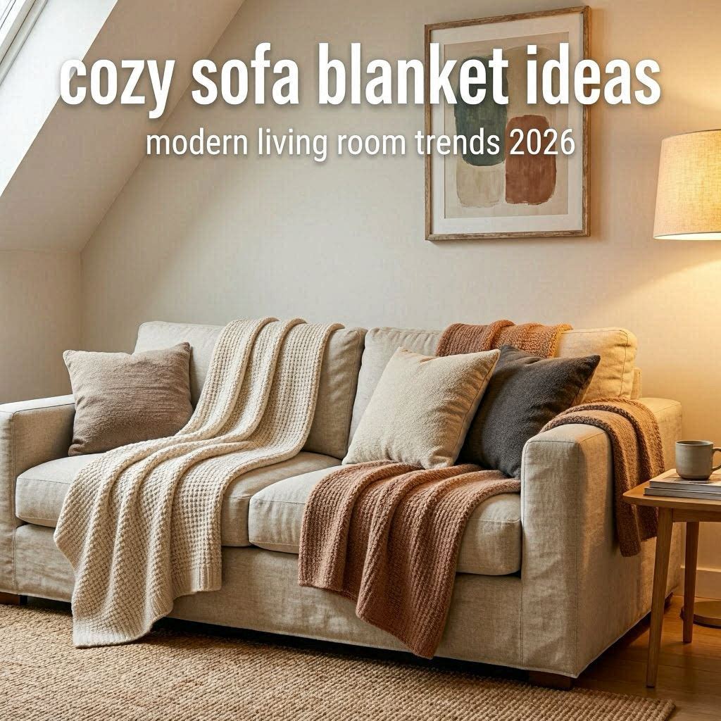 Modern cozy living room with layered sofa blankets, warm lighting, neutral decor styling, and relaxing minimalist apartment atmosphere.
