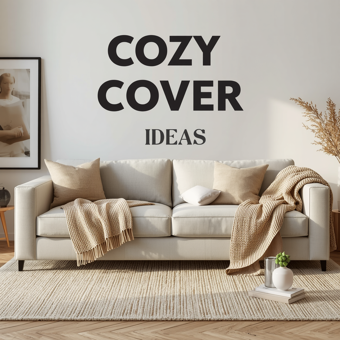 Modern cozy living room with neutral sofa cover, warm lighting, soft textured decor, and minimalist apartment styling.