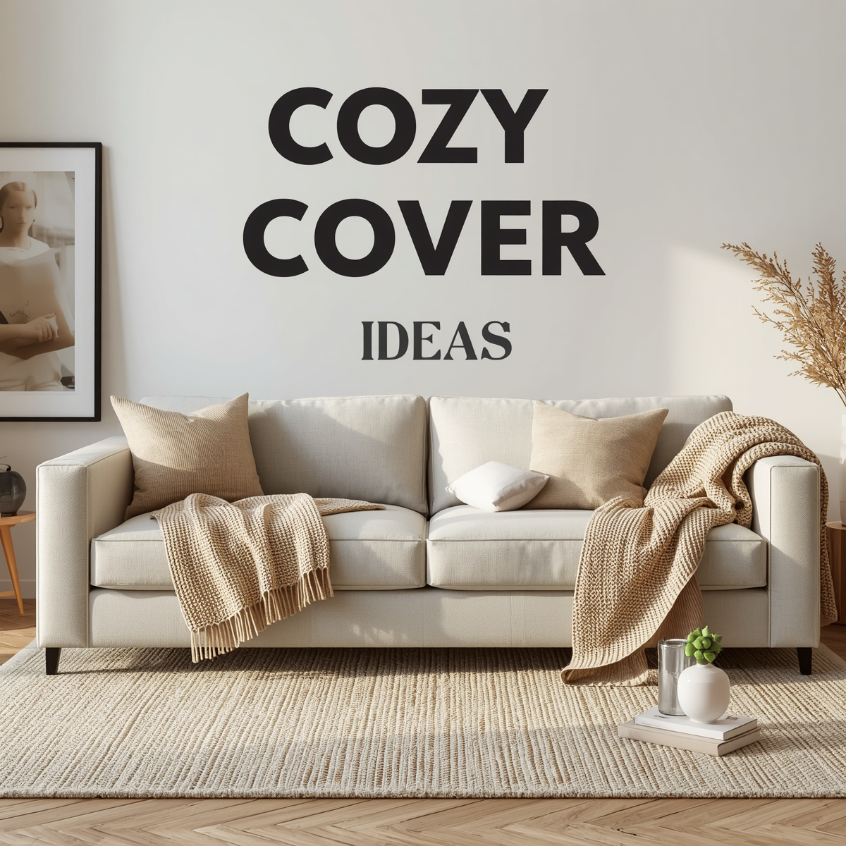 Modern cozy living room with neutral sofa cover, warm lighting, soft textured decor, and minimalist apartment styling.