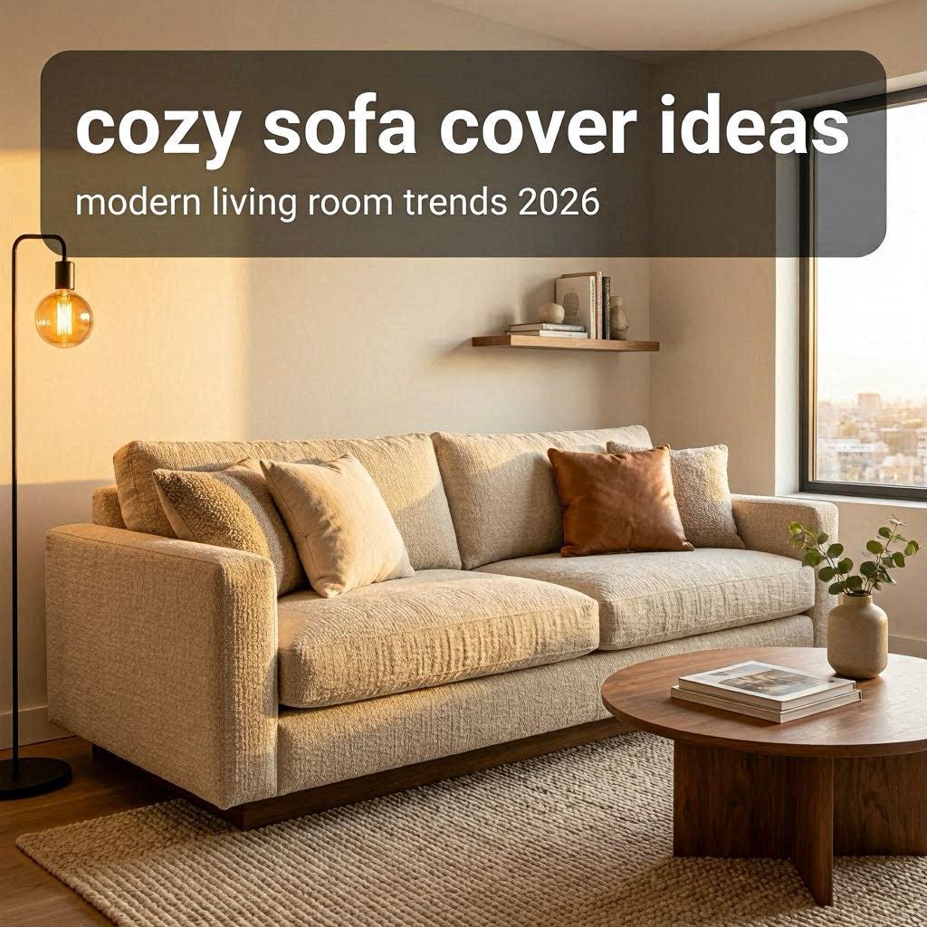 Modern cozy apartment living room with textured sofa cover, layered cushions, warm sunset lighting, and minimalist decor styling.