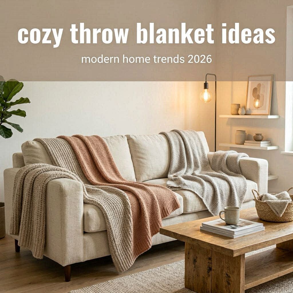 Modern cozy living room with soft throw blankets, warm lighting, neutral decor styling, and relaxing minimalist apartment atmosphere.