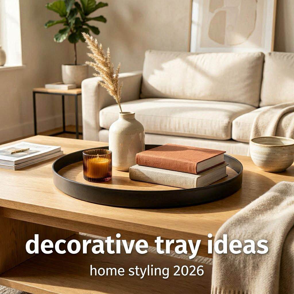 Modern coffee table styled with decorative tray, candles, books, and cozy organic living room decor.