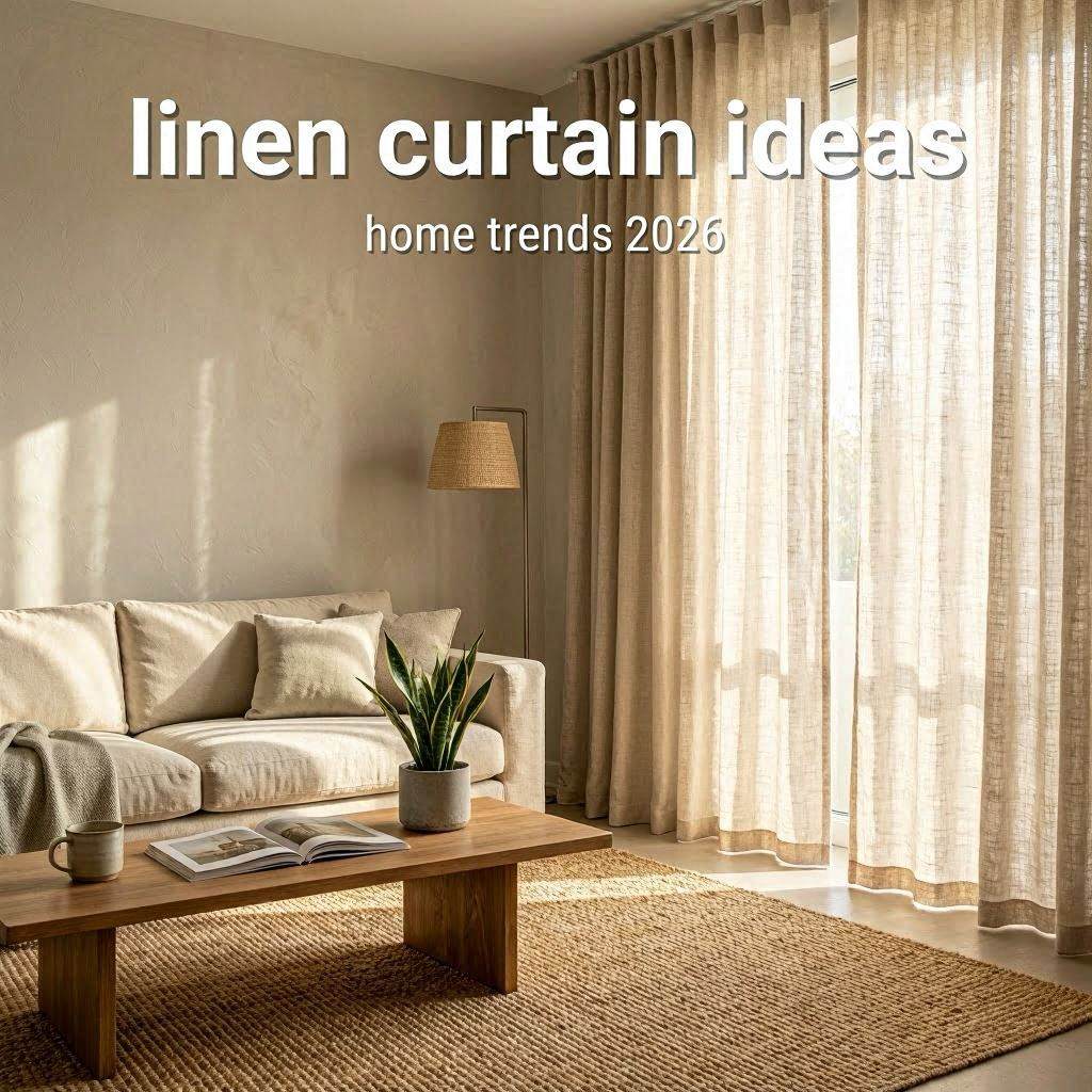 Modern living room with flowing linen curtains, golden sunlight, neutral furniture, and cozy organic interior styling.