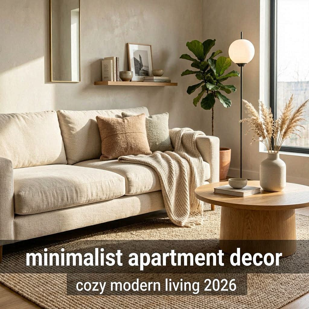Modern cozy apartment interior with neutral rugs, warm lighting, soft textures, and minimalist home decor styling.