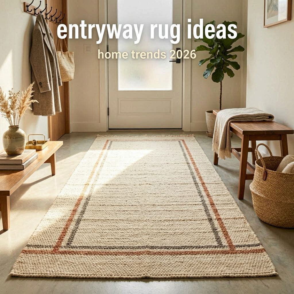 Modern apartment entryway with textured runner rug, wooden bench, natural sunlight, and cozy organic interior styling.