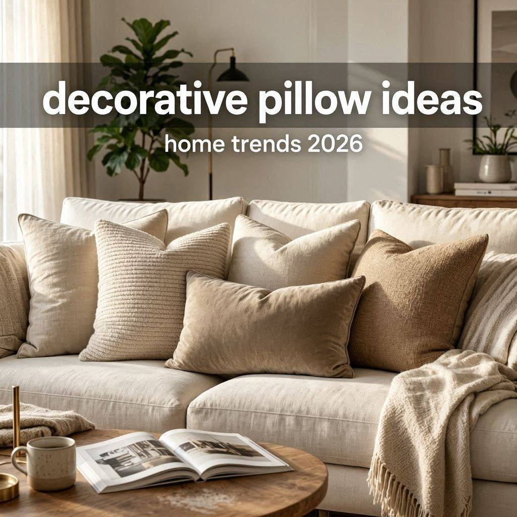 Modern living room with layered decorative pillows on a neutral sofa, warm natural light, and cozy organic home decor.