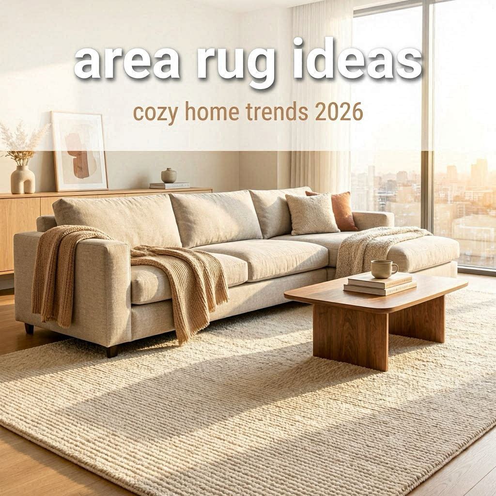 Modern living room with oversized cream area rug, neutral sofa, warm sunset lighting, and cozy organic interior styling.