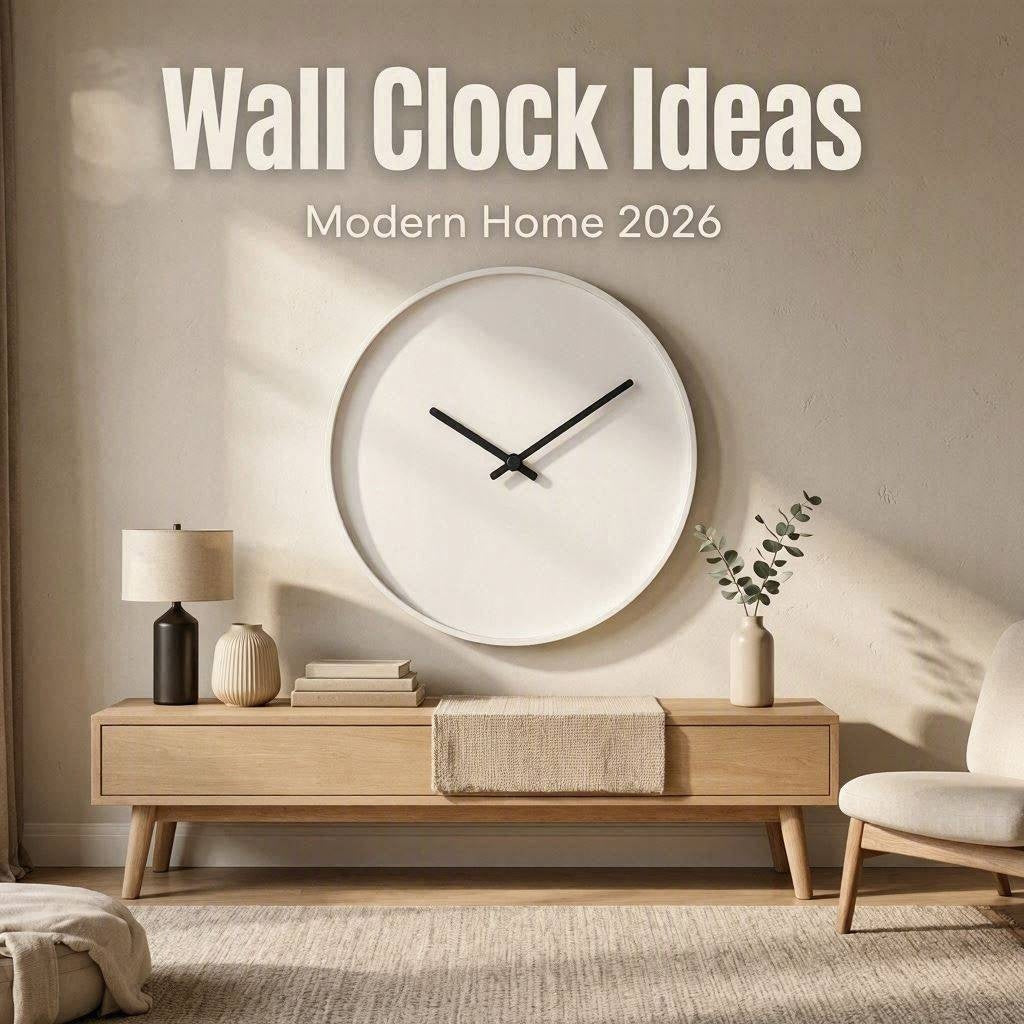 Modern living room with a large minimalist wall clock above a natural wood console table in a cozy Scandinavian-inspired interior.