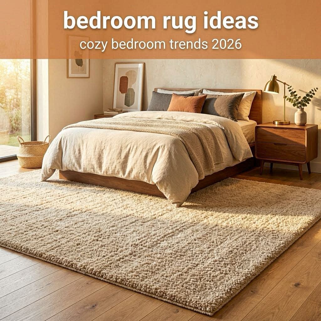 Modern bedroom with oversized plush rug, layered neutral bedding, warm sunrise lighting, and cozy organic interior styling.