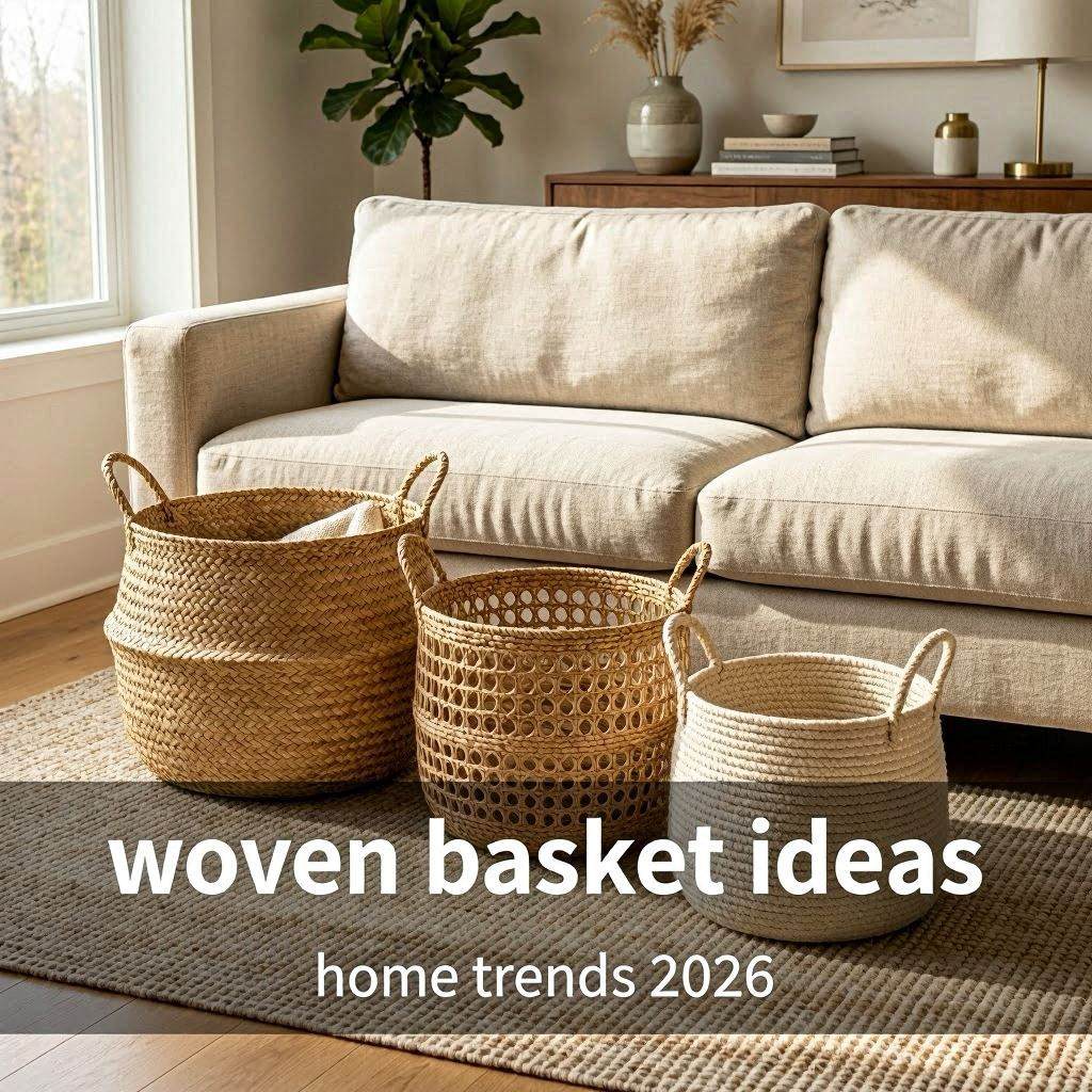 Modern living room with woven storage baskets, neutral furniture, natural sunlight, and cozy organic home styling.
