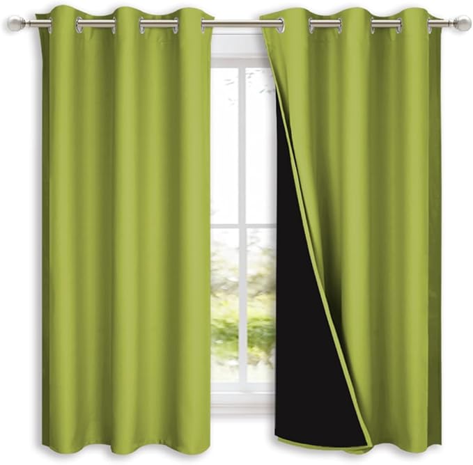 NICETOWN 100% Blackout Short Curtains with Black Liners, 2 Panels, 37" W by 40" L, Fresh Green, Solid Thermal Insulated Full Blackout 2-Layer Lined Drapes, Energy Efficiency Window Drapes for Bedroom