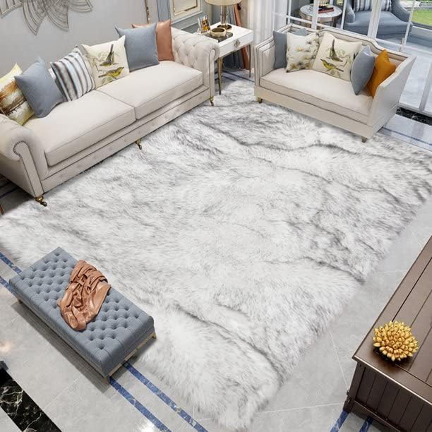 Latepis Large Rug for Living Room Rugs 6.7x10 White with Grey Tips Faux Sheep Skin Fur Rug for Bedroom Fluffy Furry Rugs Home Décor, Rectangle