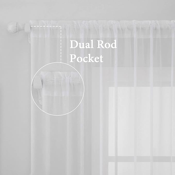 MIULEE Short White Sheer Curtains 45 Inches Long, Light Filtering Voile Drapes with Rod Pocket for Bathroom Windows, Small Window Treatments, 2 Panels Set