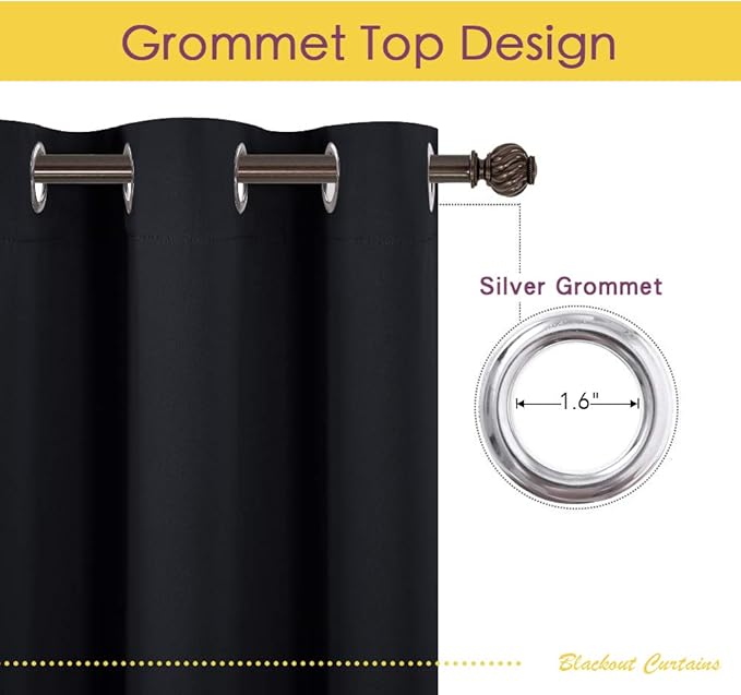 NICETOWN Blackout Draperies Window Curtain Panels, Autumn/Winter Thermal Insulated Solid Grommet Blackout Curtains/Drapes for Cafe (Set of 2, 70 inches by 72 inches, Black)