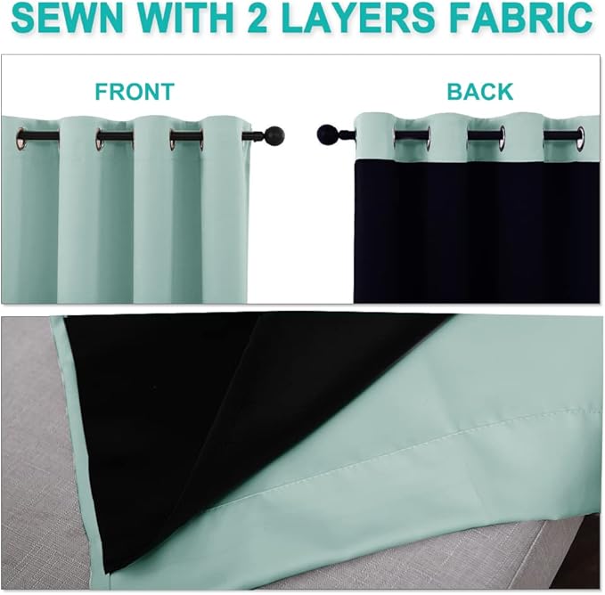 NICETOWN 100% Blackout Window Curtain Panels, Cold and Full Light Blocking Drapes with Black Liner for Nursery, 84 inches Drop Thermal Insulated Draperies (Aqua Blue, 2 PCs, 62" Wide Each Panel)