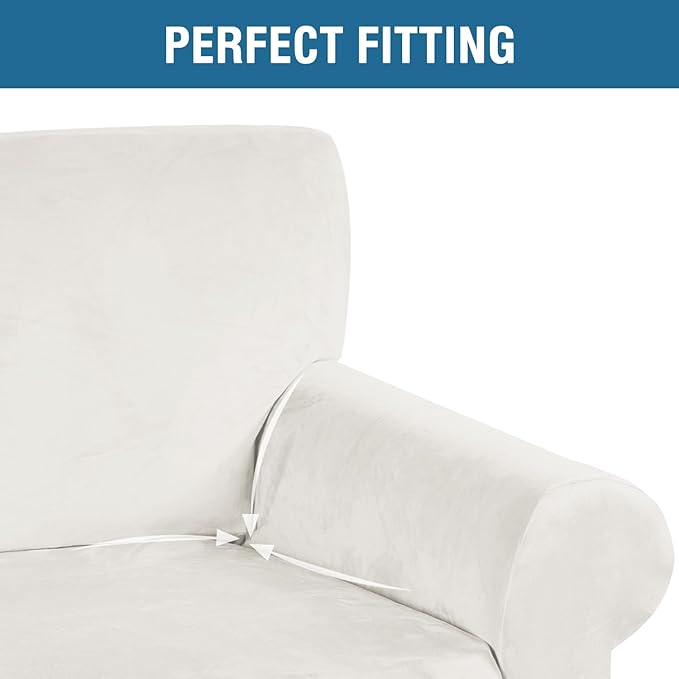 H.VERSAILTEX Stretch Velvet Sofa Covers for 3 Cushion Couch Covers Furniture Protector Soft with Non Slip Elastic Bottom, Crafted from Thick Comfy Rich Velour (Large Sofa 90"-97", Porcelain White)