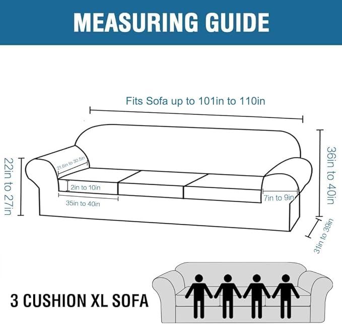 4 Piece Stretch Sofa Covers for 3 Cushion Couch Covers for Living Room Furniture Slipcovers (Base Cover Plus 3 Seat Cushion Covers) Upgraded Thicker Jacquard Fabric (XL Sofa, Storm Blue)