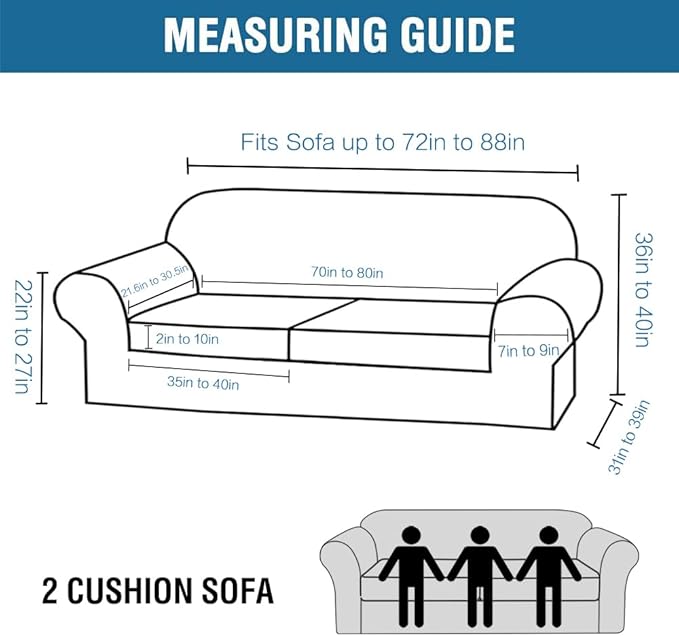 H.VERSAILTEX 3 Piece Stretch Sofa Covers for 2 Cushion Sofa Couch Covers for Living Room Furniture Cover (Base Cover Plus 2 Seat Cushion Covers) Thicker Jacquard Fabric(Large Sofa, Storm Blue)