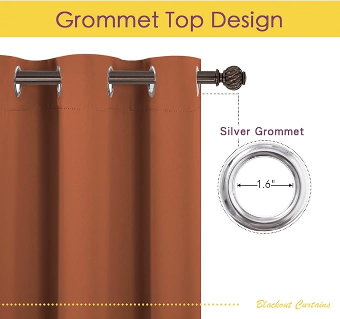 NICETOWN Thermal Insulated Burnt Orange Curtains for Living Room, Window Treatment Solid Grommet Room Darkening Drape Panels for Bedroom (Set of 2, 70 by 95 inches Long)