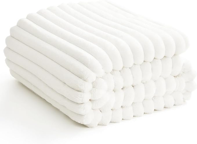 HIMEET Off White Ribbed Twin Blanket for Bed - 300GSM Lightweight Soft Fleece Blanket for Women, Cozy Blankets Graduation Birthday Gifts, Striped Spring Home School Dorm Decor, Off White, 60x80 Inches