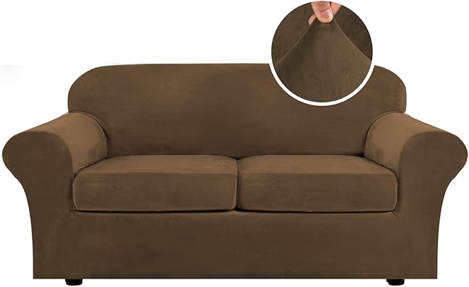 H.VERSAILTEX Real Velvet Plush 3 Piece Stretch Sofa Covers Couch Covers for 2 Cushion Couch Sofa Slipcovers Width Up to 90 Inch Feature Thick Soft Stay in Place (Sofa, Bronze Brown)
