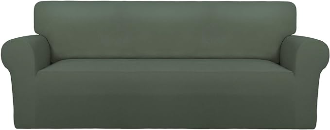 PureFit Super Stretch Sofa Slipcover – Spandex Non Slip Soft Couch Sofa Cover, Washable Furniture Protector with Non Skid Foam and Elastic Bottom for Kids, Pets （Sofa, Grayish Green）