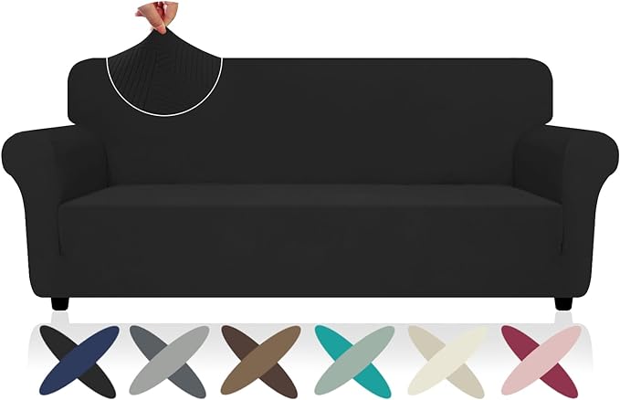 ZNSAYOTX Super Stretch Sofa Cover (72"-92"), New Striped Sofa Covers Fitted Slipcovers with Elastic Bottom, Dog Cat Pets Proof Spandex Washable Fabric Comfortable & Durable (Black, Sofa)