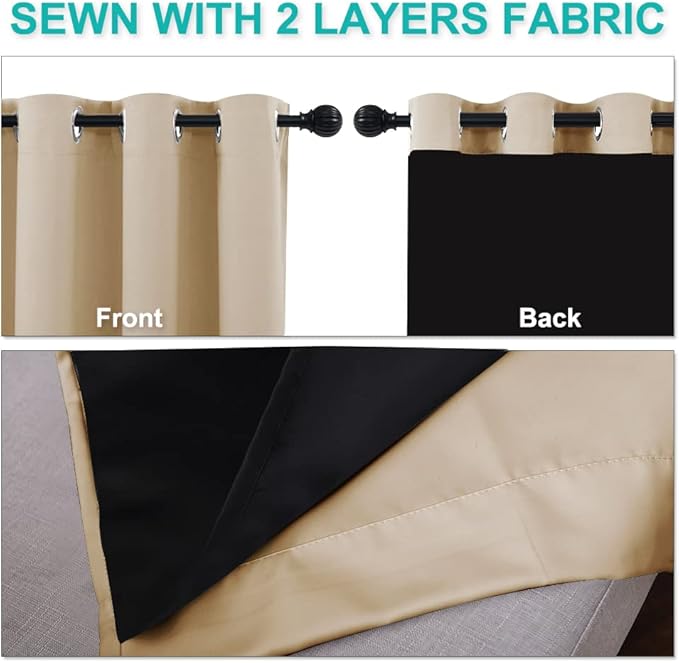 NICETOWN Full Shading Curtains 90 inches Long 2 Panels Set for Windows, Super Heavy-Duty Black Lined Blackout Curtains for Bedroom, Privacy Assured Window Treatment (Biscotti Beige, 52 inches W)
