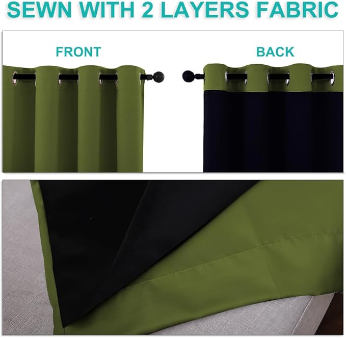 NICETOWN Blackout Curtains 80 inches Long, 2 Pieces, 42" Wide Each Panel, Olive Green, Full Light Blocking Drapes with Black Liner for Nursery, Thermal Insulated Draperies for Hall, Villa