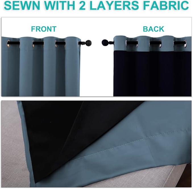 NICETOWN 100% Blackout Lined Curtains, Smoky Blue, 1 Pair, 42" Width x 63" Length Each Panel, 2 Thick Layers Completely Blackout Window Treatment Panels Thermal Insulated Drapes for Kitchen
