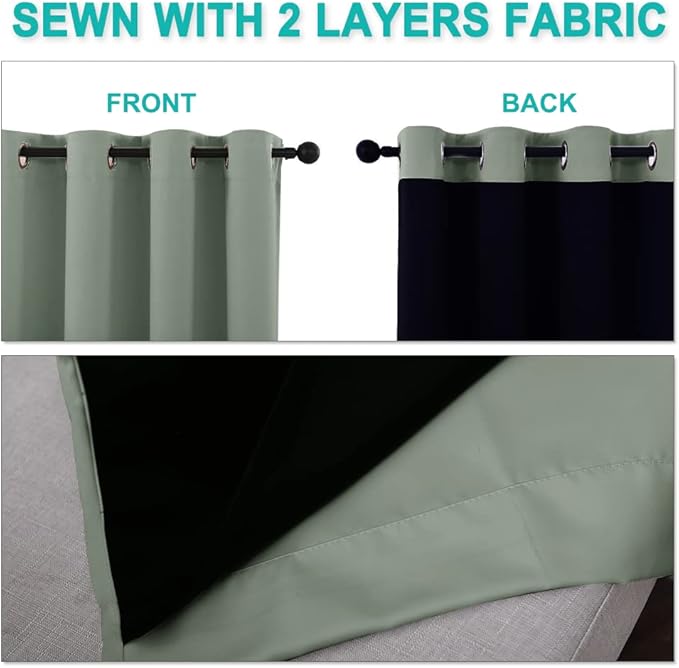 NICETOWN Greyish Green 100% Blackout Curtains for Windows, Super Heavy-Duty Black Lined Total Darkness Drapes for Bedroom, Privacy Assured Window Treatment for Patio (Pack of 2, 70" W x 108" L)