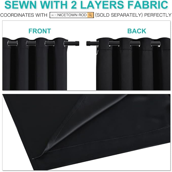NICETOWN Extra Long Truly Blackout Drapes for Hall and Villa, 100% Blackout Window Curtain Panels with Black Lined for Night Shift Worker, 70-inch Width Each Panel, 108-inch Length, Black, 2 Pieces