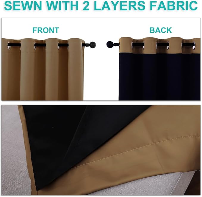 NICETOWN Full Shade Curtain Panels, 62 x 72 inch, Gold Brown, Pair of Energy Smart & Noise Blocking Out Blackout Drapes for Dining Room Window, Thermal Insulated Guest Room Lined Window Dressing