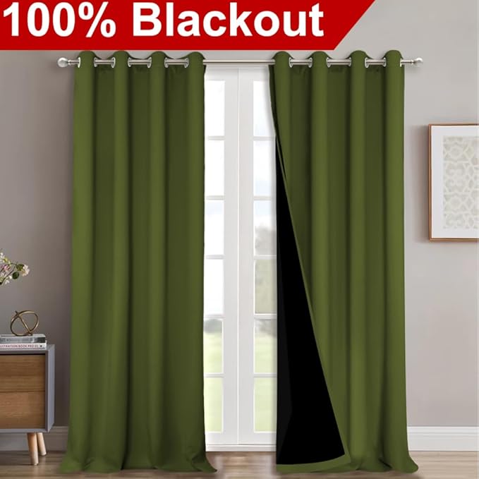 NICETOWN 100% Blackout Blinds, Set of 2, 46" x 102", Olive Green, Laundry Room Decor Window Treatment Curtains for Large Patio Sliding Door, Thermal Insulated Curtains for Bedroom
