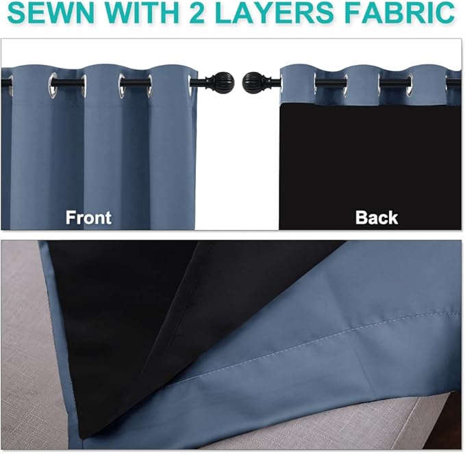 NICETOWN Full Shading Curtains 90 inches Long 2 Panels Set for Windows, Super Heavy-Duty Black Lined Blackout Curtains for Bedroom, Privacy Assured Window Treatment (Stone Blue, 52 inches W)