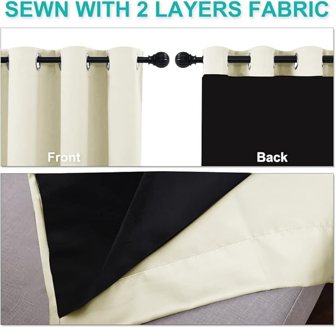 NICETOWN Living Room Completely Shaded Draperies, Privacy Protection & Noise Reducing Ring Top Drapes, Black Lined Insulated Window Treatment Blackout Curtain Panels (Beige, 2 Pieces, W37 x L84)