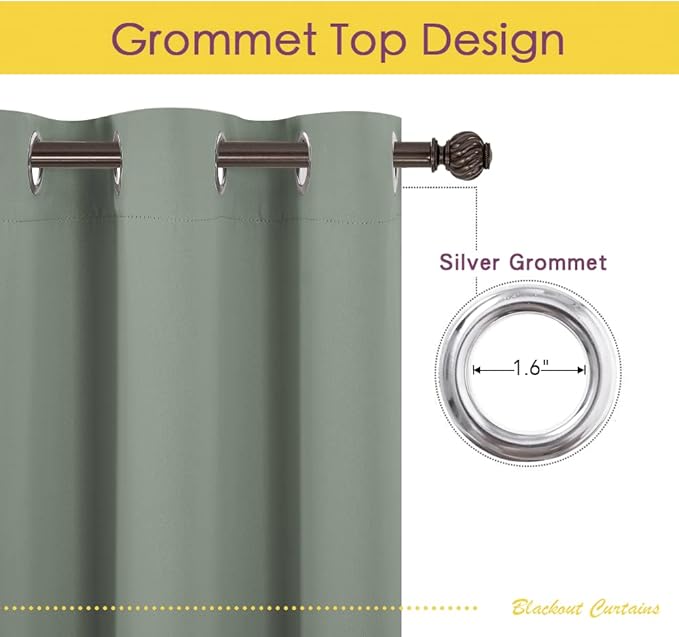 NICETOWN Bedroom Curtain Panels Blackout Draperies, 1 Pair, 42 by 60 inches, Greyish Green, Thermal Insulated Solid Grommet Blackout Curtains/Drapes