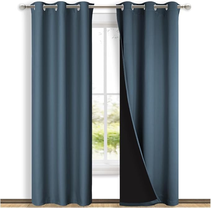 NICETOWN Smoky Blue Full Shade Curtain Panels, 37" Wide x 80" Long, Smoky Blue, Pair of Thermal Insulated & Energy Efficiency Blackout Drapes for Living Room, Lined Silky Performance Window Dressing