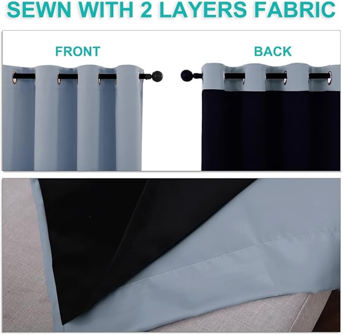 NICETOWN 100% Blackout Short Curtains with Black Liners, 2 Panels, 37" W by 50" L, Vintage Blue, Solid Thermal Insulated Full Blackout 2-Layer Lined Drapes, Energy Efficiency Window Drapes for Bedroom