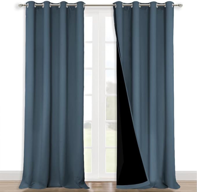 NICETOWN 100% Blackout Curtains for Windows, Pack of 2, Smoky Blue, 52" W x 120" L, Super Heavy-Duty Black Lined Total Darkness Drapes for Bedroom, Privacy Assured Window Treatment for Patio