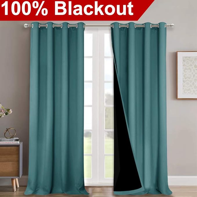 NICETOWN 100% Blackout Curtains for Windows, Pack of 2, Peacock Teal, 52" W x 120" L, Super Heavy-Duty Black Lined Total Darkness Drapes for Bedroom, Privacy Assured Window Treatment for Patio