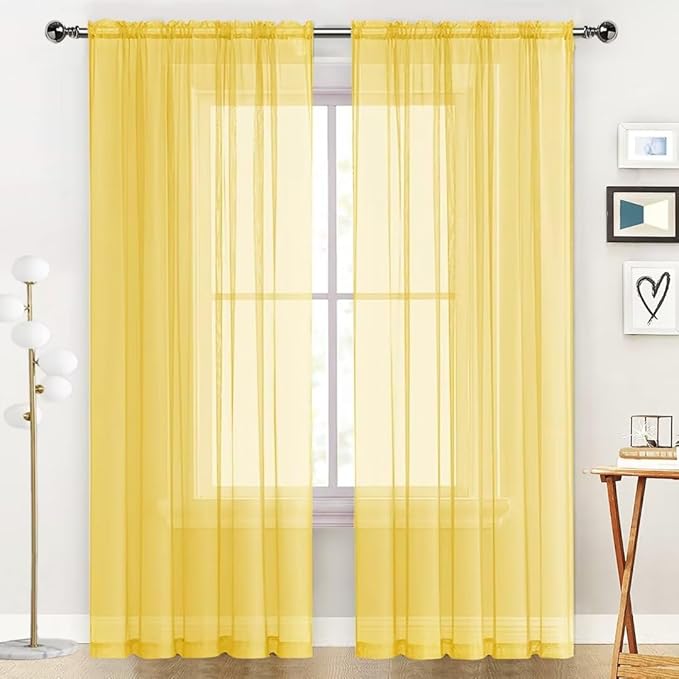 SpaceDresser Sheer Voile Window Treatment Rod Pocket Curtain Panels for Kitchen Bedroom Living Room Drapes Sunlight Filtering Privacy Semi Home Decor Assorted Colors Sizes (Yellow, 52 W x 108 L)