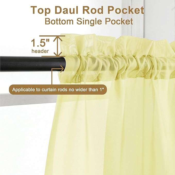 Chyhomenyc Sheer Curtains 63 Inch Length 2 Panels Set - Light Filtering Rod Pocket Window Curtain Treatment Drapes for Bedroom Living Room, 42Wx63L Inch, Light Yellow