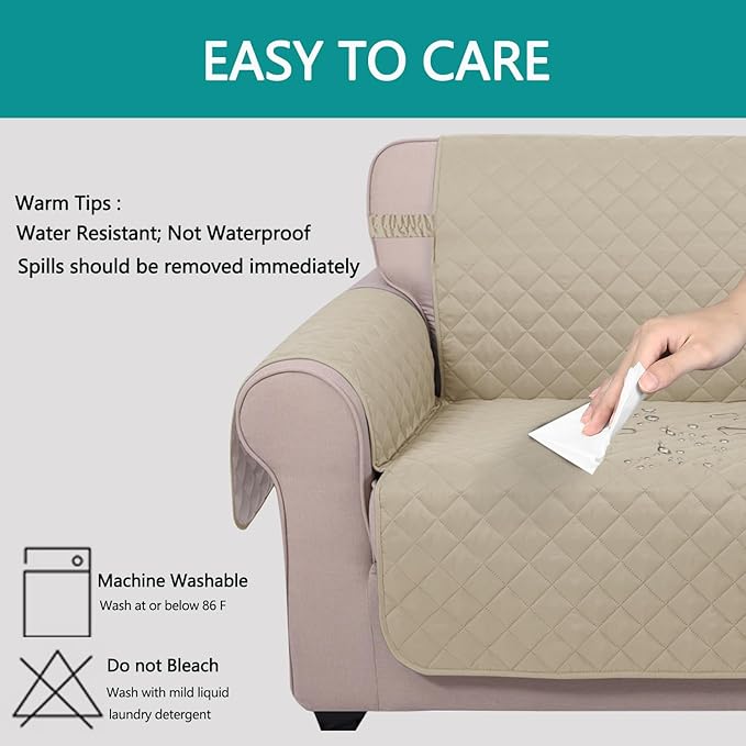 U-NICE HOME Recliner Chair Covers Reversible Quilted Water Repellent Pet Protectors with Elastic Straps (23''Recliner Small, Sand/Beige)