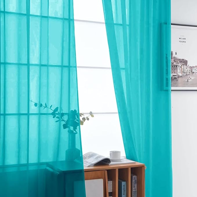 SpaceDresser Sheer Voile Window Treatment Rod Pocket Curtain Panels for Kitchen Bedroom Living Room Drapes Sunlight Filtering Privacy Semi Home Decor Assorted (Peacock Blue, 52 W x 90 L)
