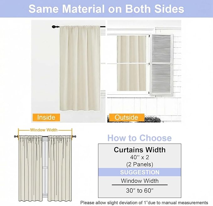 Simplebrand Ava Ivory Short 36 Inches Light Filtering Curtain 2 Panels Set, Half Window Rod Pocket Privacy Curtain Tiers for Kitchen, Curtains Light Filtering for Bathroom, W40 x L36 Inch, Ivory