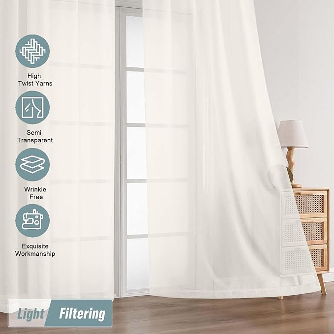 Extra Wide Ivory Sheer Curtains 90 Inches Long 2 Panels, Light Filtering Lightweight Solid Sheer Curtains for Bedroom Living Room, Window Voile Sheer Drapes, Dual Rod Pocket, 2x59Wx90L Inches
