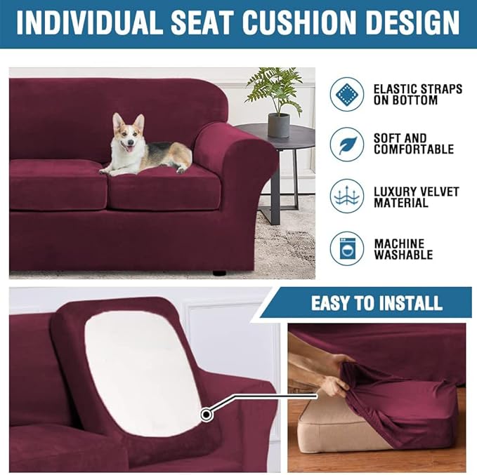 H.VERSAILTEX Real Velvet Plush 3 Piece Stretch Sofa Covers Couch Covers for 2 Cushion Couch Loveseat Covers Width Up to 72 Inch Feature Thick Soft Stay in Place (Medium Sofa, Burgundy)
