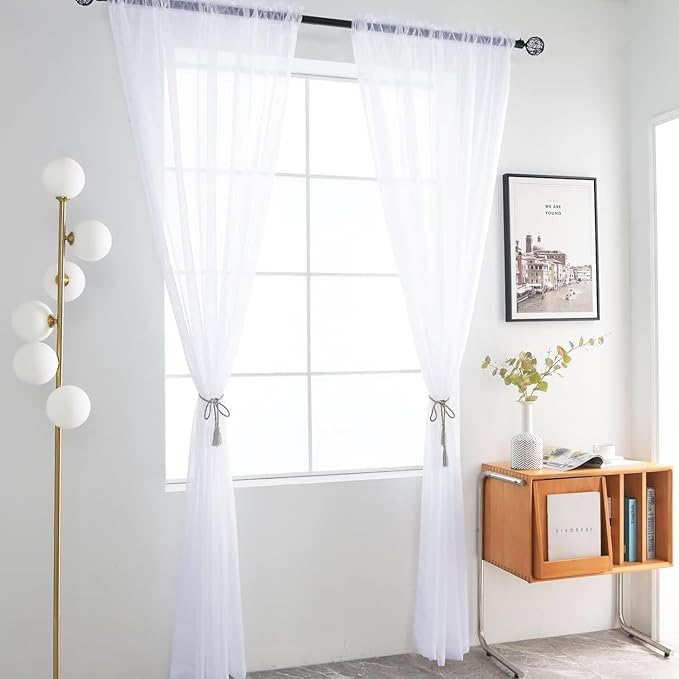 SpaceDresser Optical White Sheer Curtains 4 Panels Rod Pocket Semi-Sheer Curtain 84 Inches Long Light Filtering Voile Window Drapes for Bedroom Living Room Kitchen, Each 52W x 84L